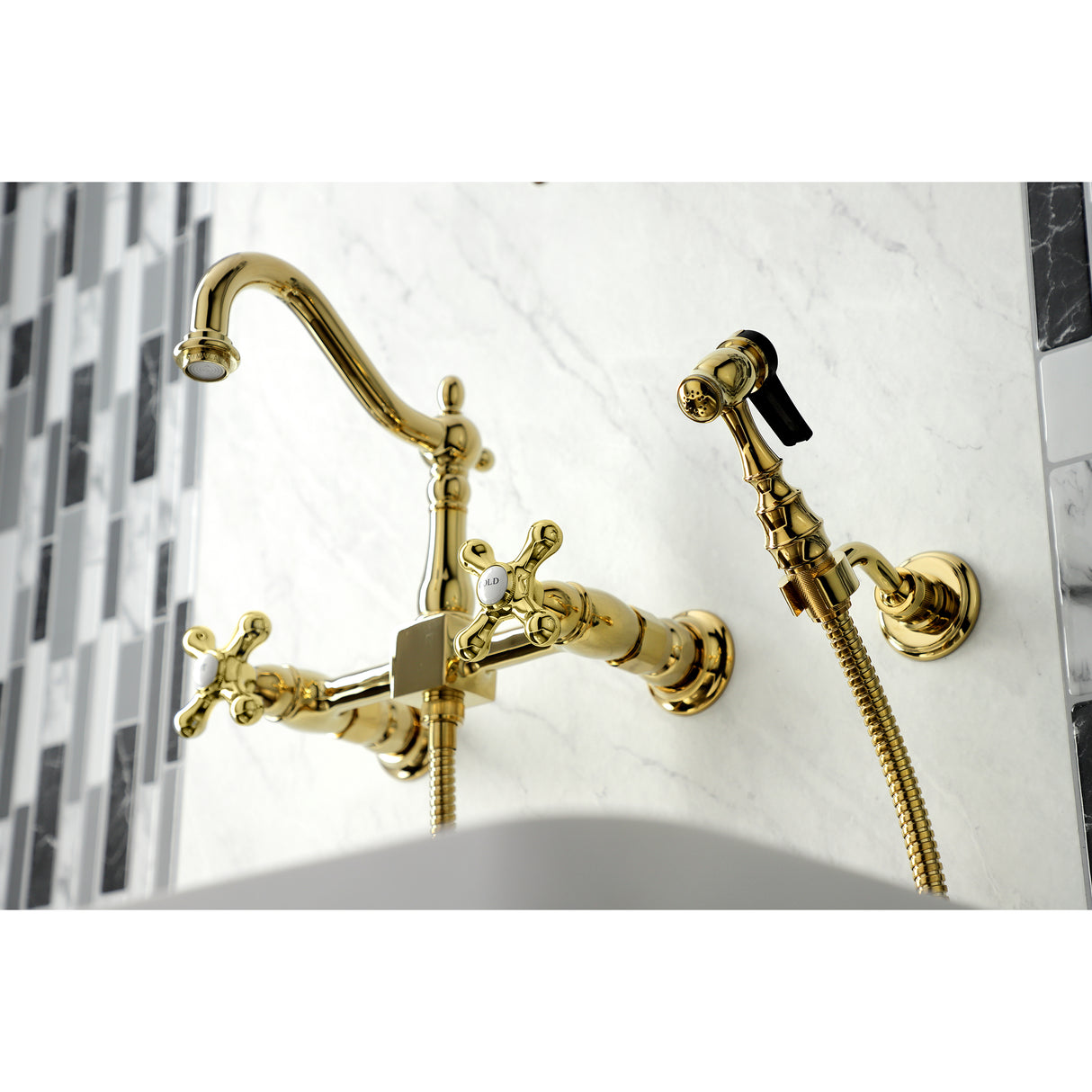 Heritage Wall Mount Bridge Kitchen Faucet with Brass Sprayer