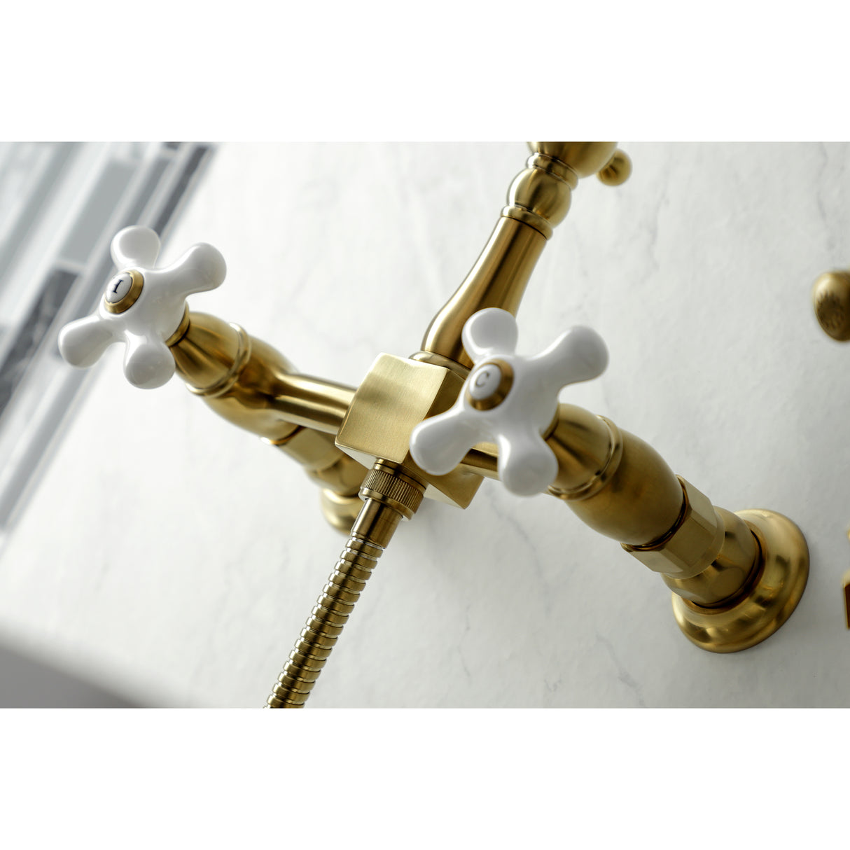 Heritage Wall Mount Bridge Kitchen Faucet W/ Brass Sprayer