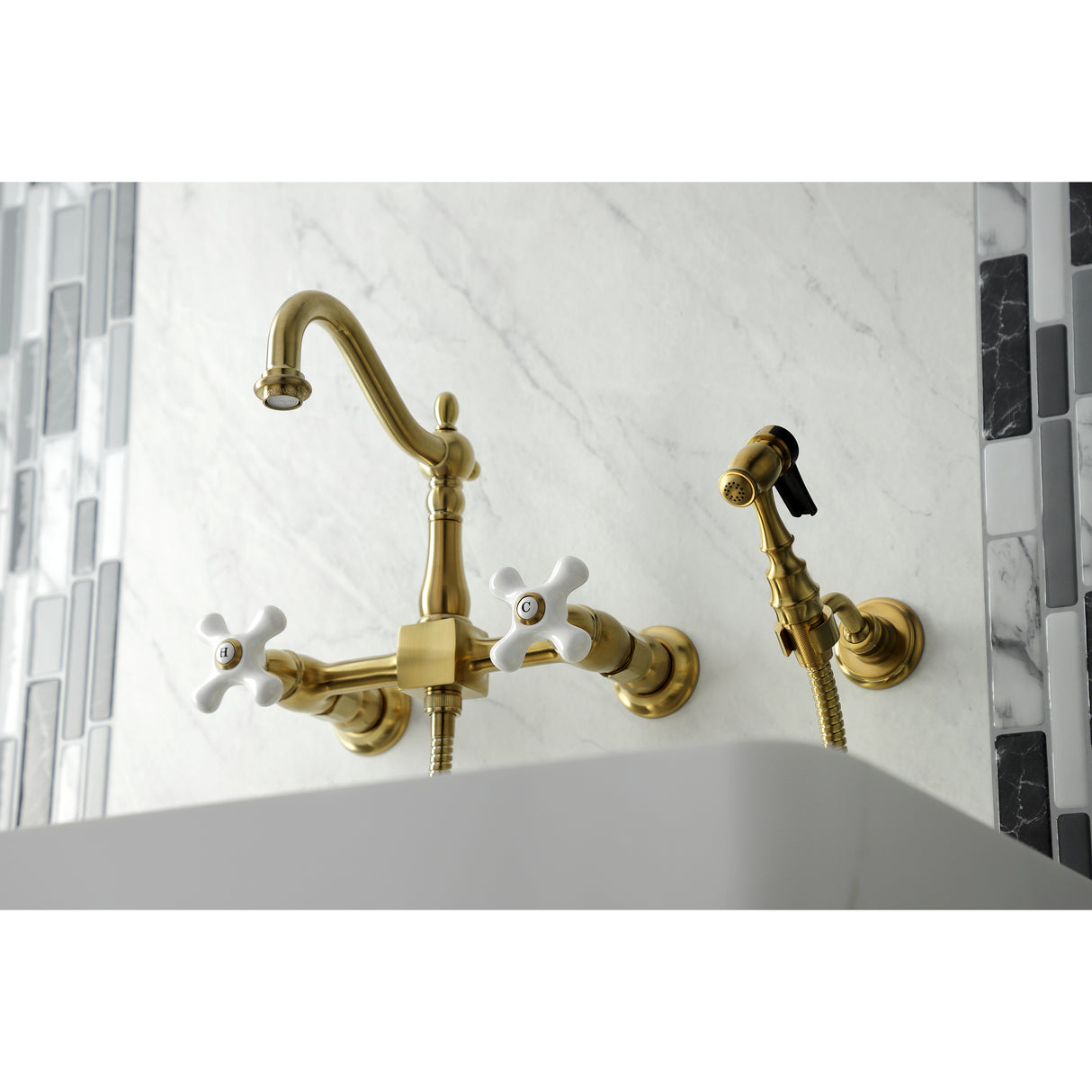 Heritage Wall Mount Bridge Kitchen Faucet W/ Brass Sprayer