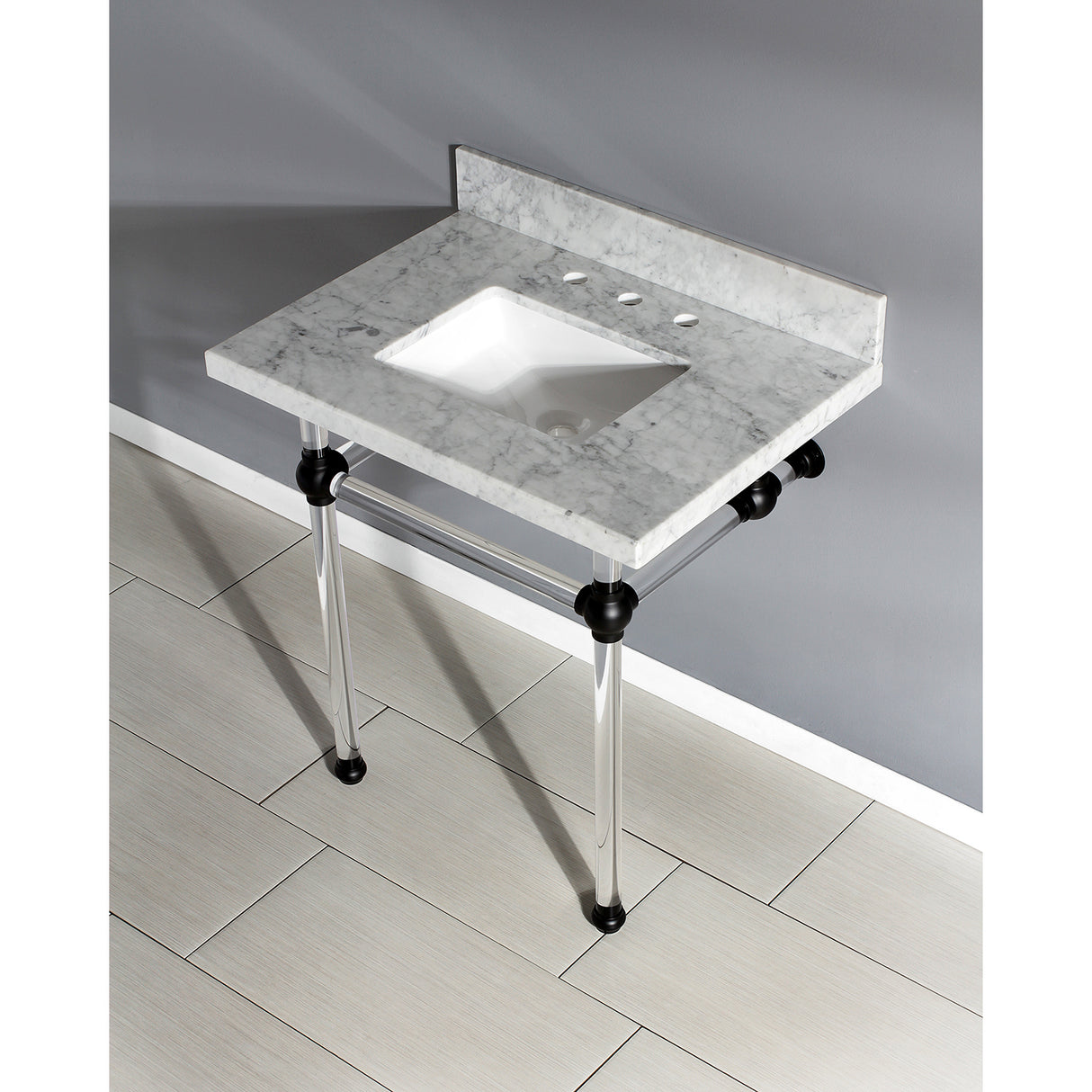 Templeton 30" x 22" Carrara Marble Vanity Top with Clear Acrylic Console Legs