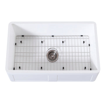 Gourmetier 30" x 18" Farmhouse Kitchen Sink with Strainer and Grid, Matte White/Brushed