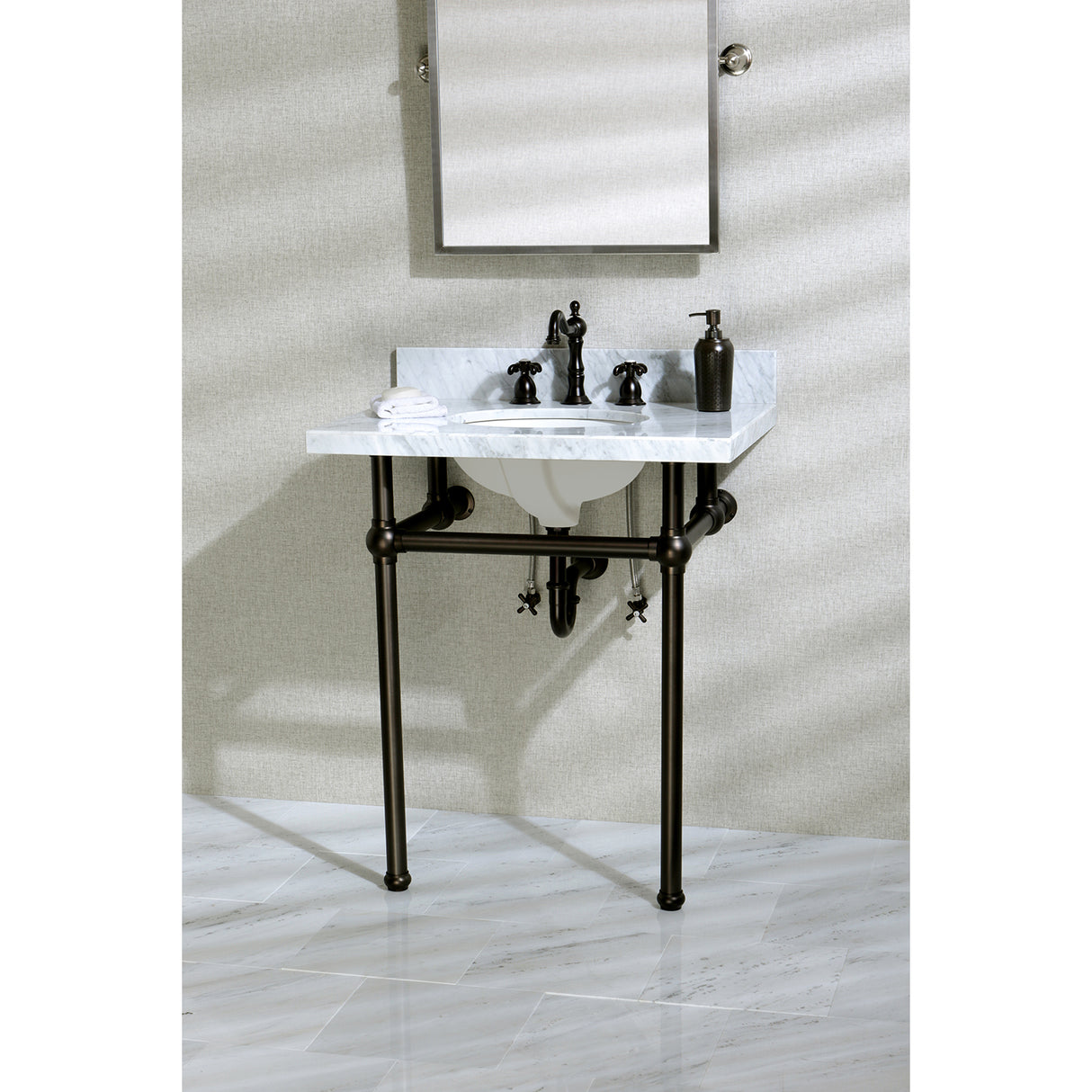 Templeton 30" x 22" Carrara Marble Vanity Top with Brass Console Legs