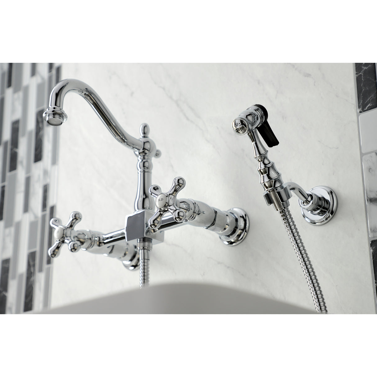 Heritage Wall Mount Bridge Kitchen Faucet with Brass Sprayer