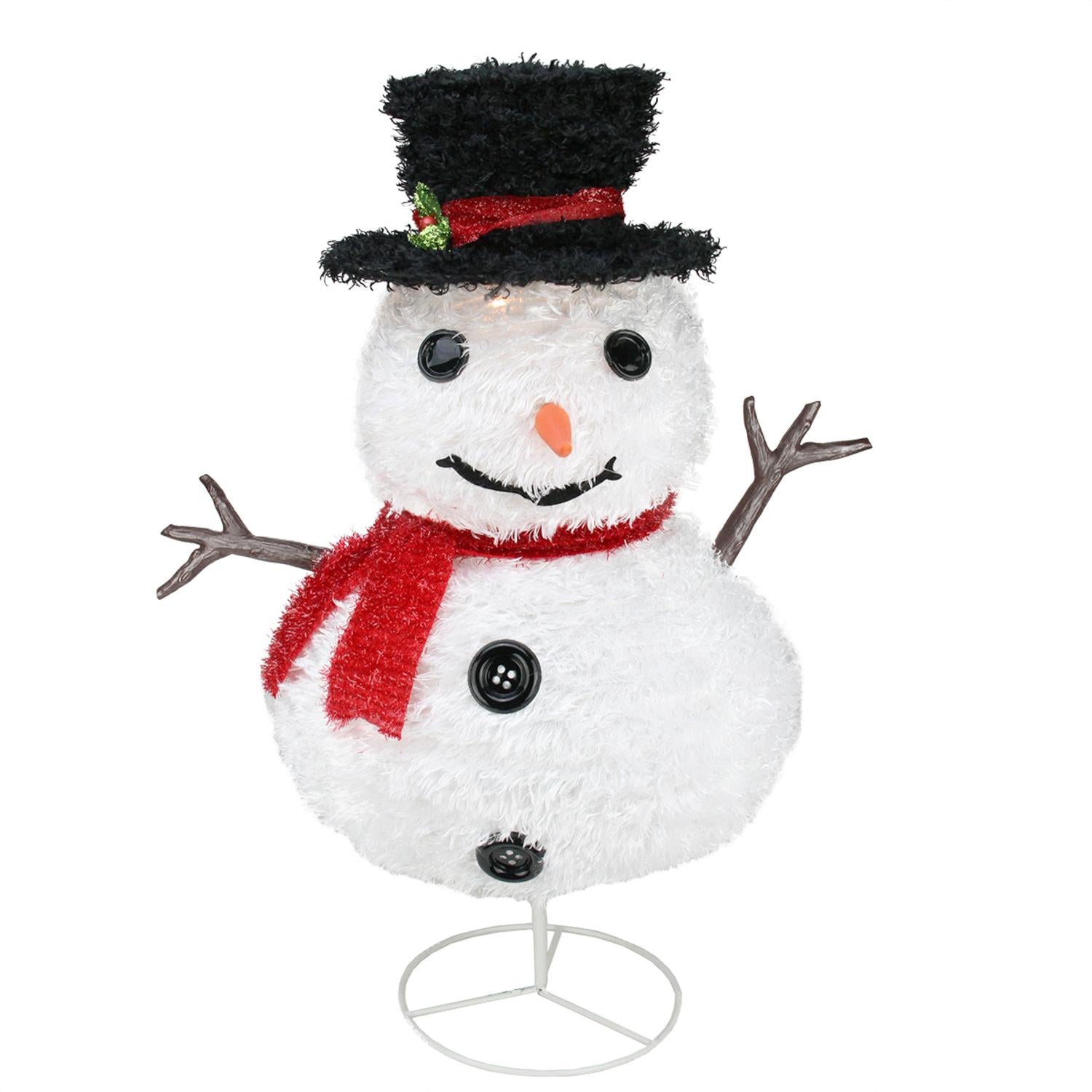 30" Pre-Lit Outdoor Chenille Snowman Kid With Top Hat Christmas Outdoor Decoration