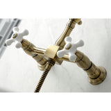 Heritage Double Handle Wall Mount Bridge Kitchen Faucet With Brass Sprayer In 8.2" Spout Reach