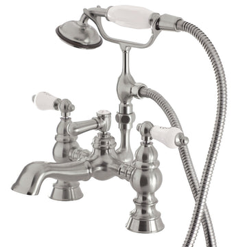Vintage 7" Deck Mount Tub Faucet With Hand Shower In Solid Brass Construction & Metal Lever Handle