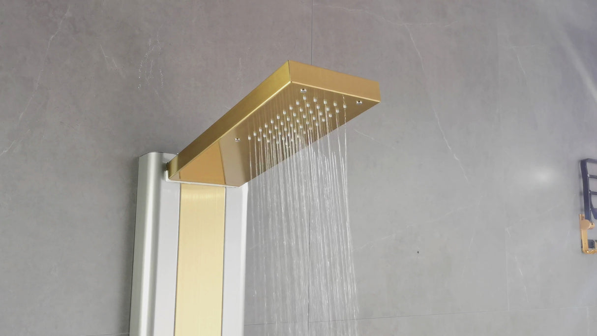 55 in. 4-Jet Stainless Steel Brushed Gold Shower Panel System w/ Fixed Rainfall Shower Head, Tub Spout & Handheld Shower, Jet Massage