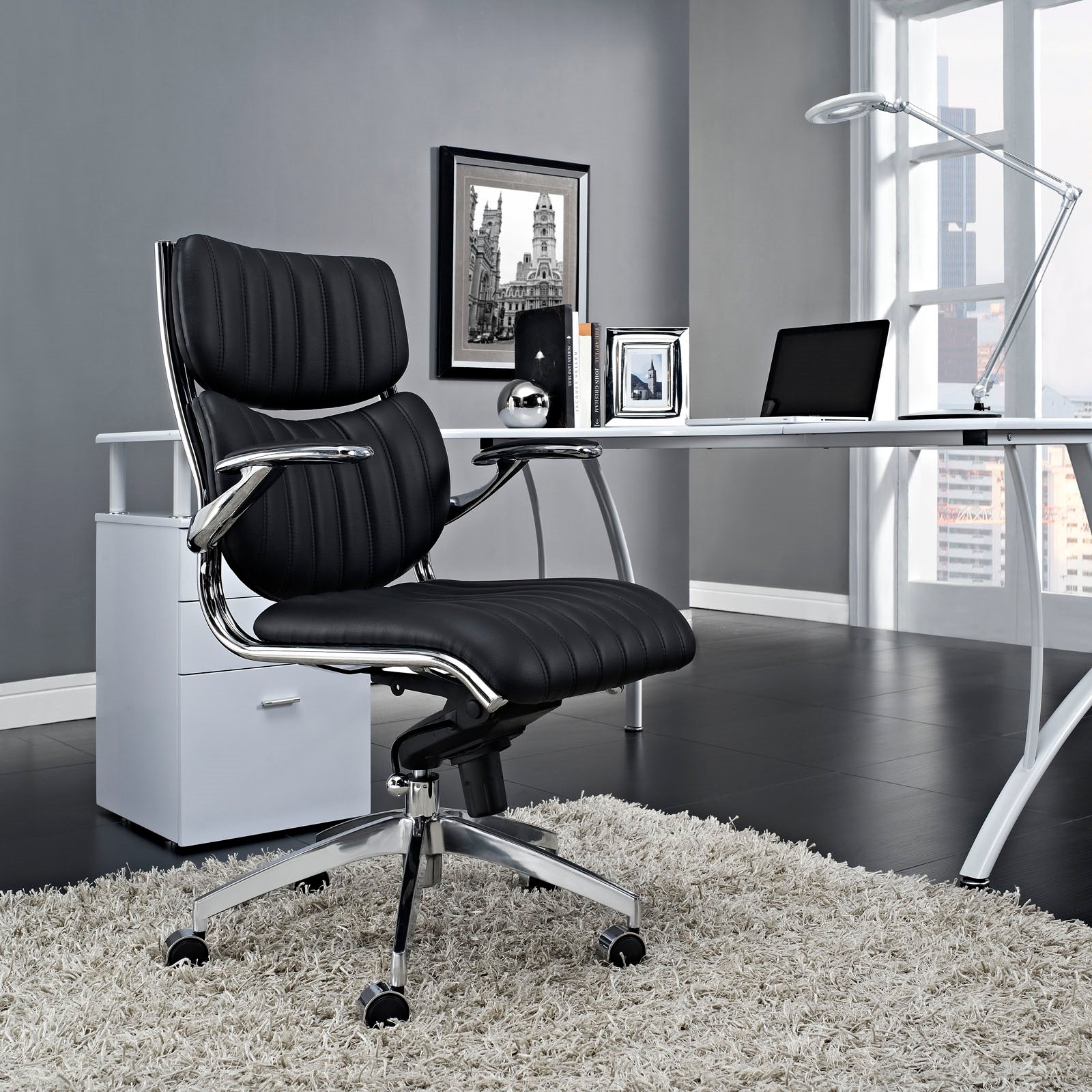 Escape Ribbed Mid Back Modern Faux Leather Office Chair With Padded Armrest