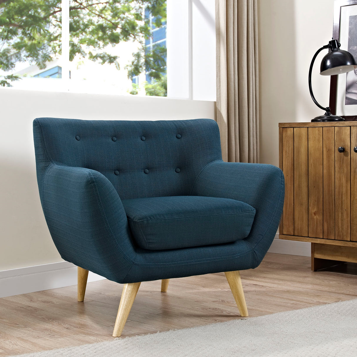 Remark Button Tufted Accent Chair - Wooden Legs - Modern Fabric Armchair and Sofa - BUILDMYPLACE