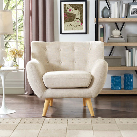 Remark Button Tufted Accent Chair - Wooden Legs - Modern Fabric Armchair and Sofa - BUILDMYPLACE