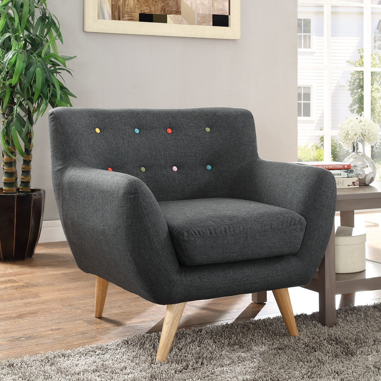 Remark Button Tufted Accent Chair - Wooden Legs - Modern Fabric Armchair and Sofa - BUILDMYPLACE