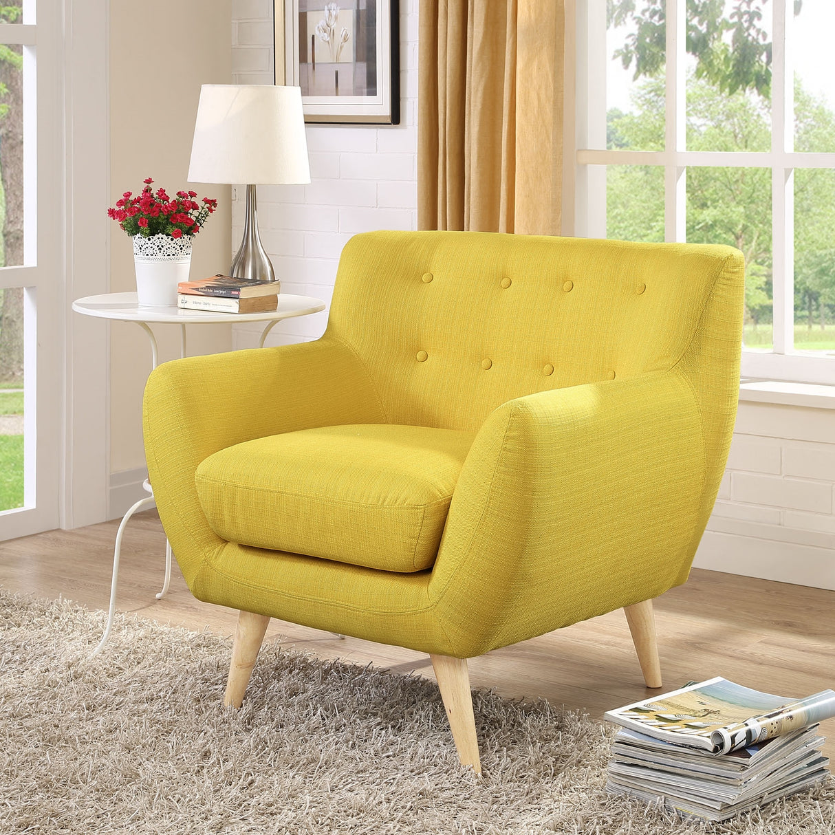 Remark Button Tufted Accent Chair - Wooden Legs - Modern Fabric Armchair and Sofa - BUILDMYPLACE