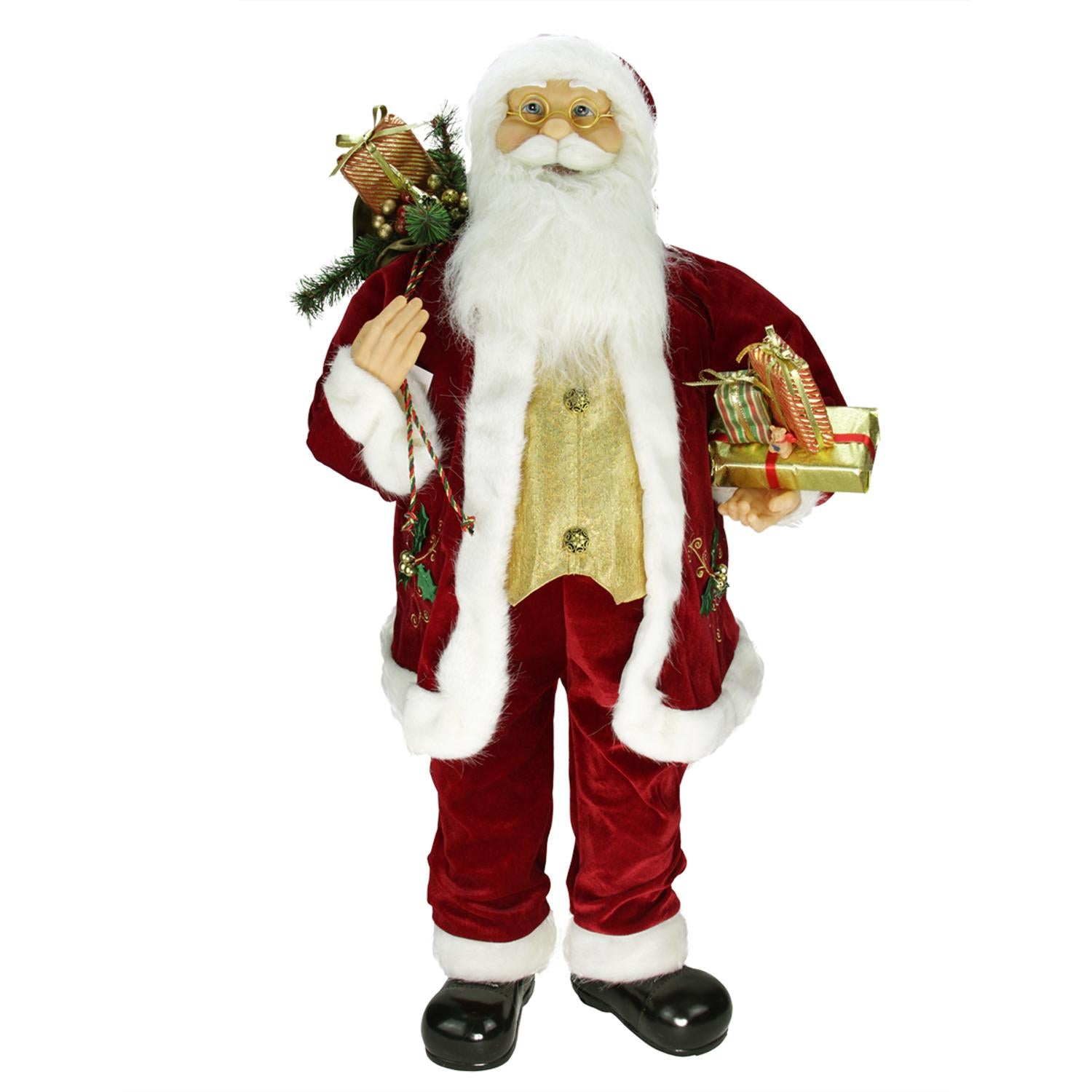 36" Traditional Holly Berry Standing Santa Claus Christmas Figure with Presents and Gift Bag