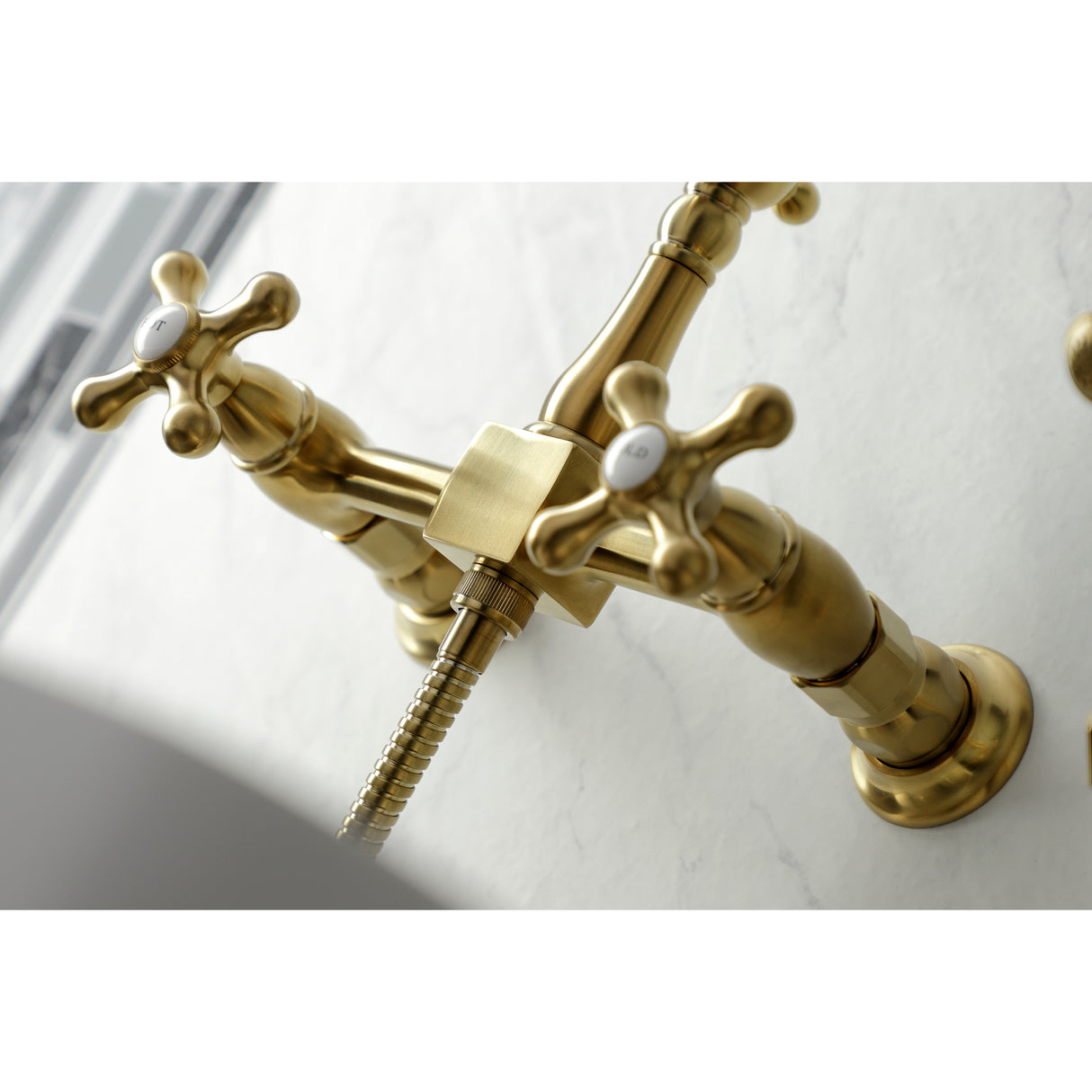 Heritage Wall Mount Bridge Kitchen Faucet with Brass Sprayer