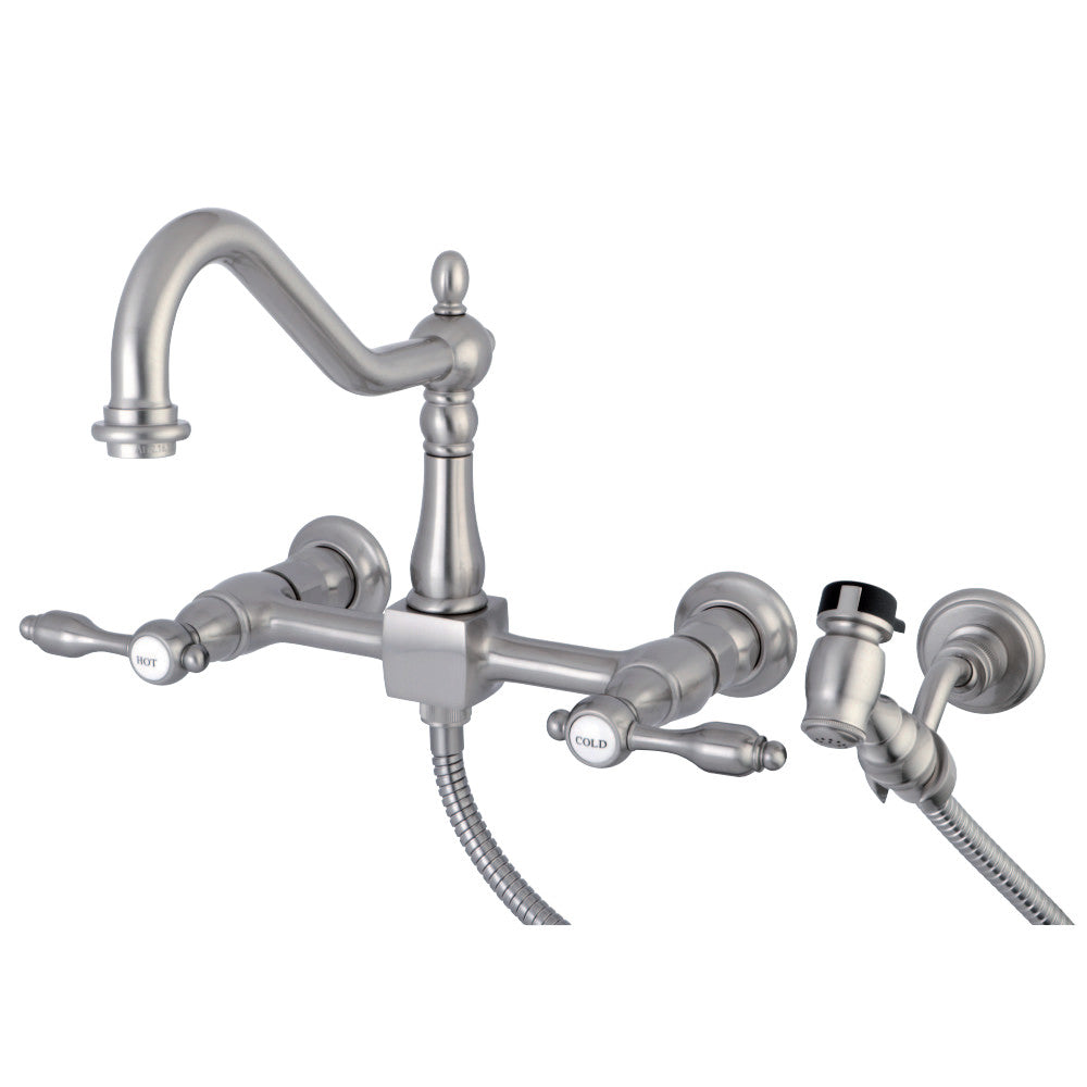 Tudor Wall Mount Bridge Kitchen Faucet with Brass Sprayer