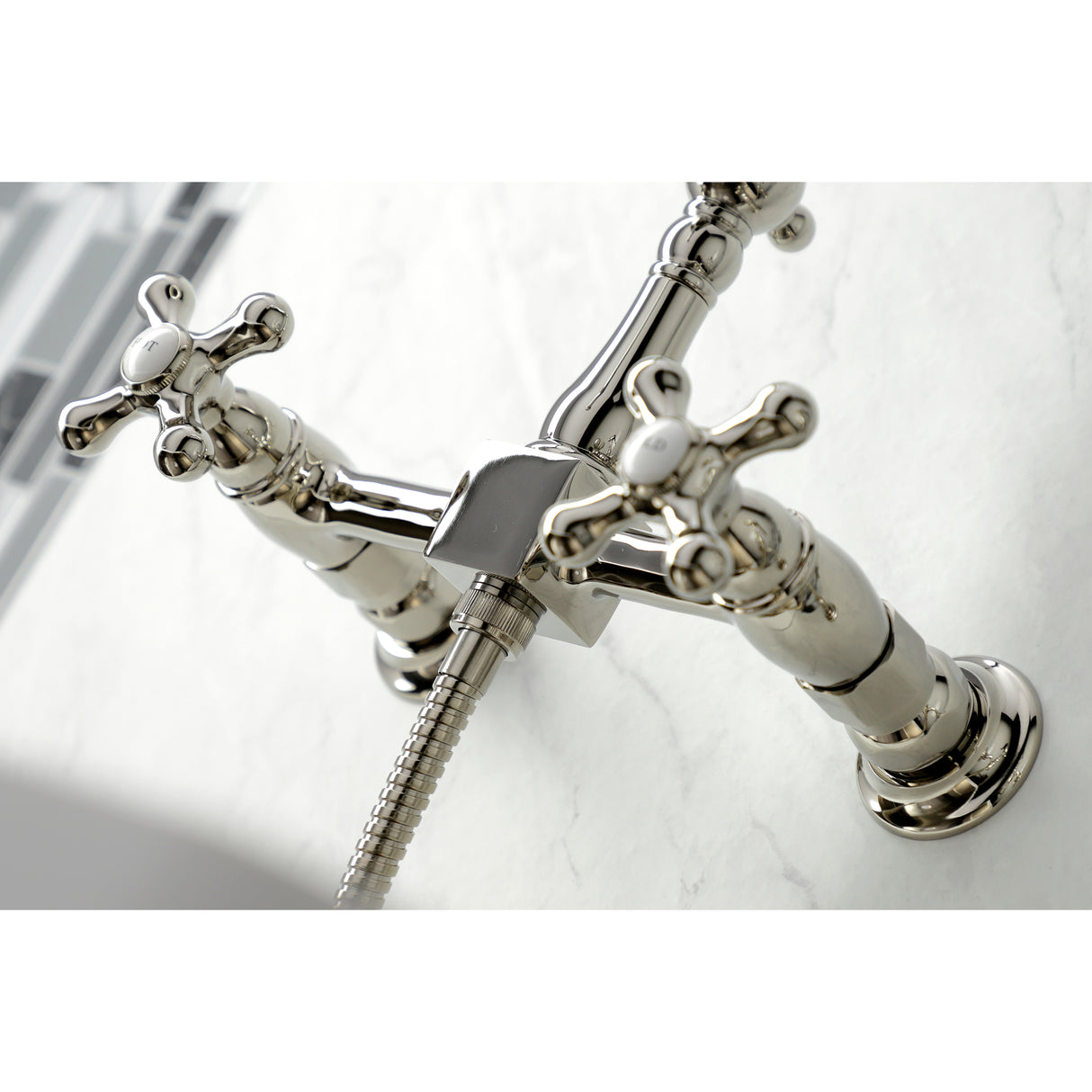 Heritage Two-Handle Wall Mount Bridge Kitchen Faucet With Brass Sprayer