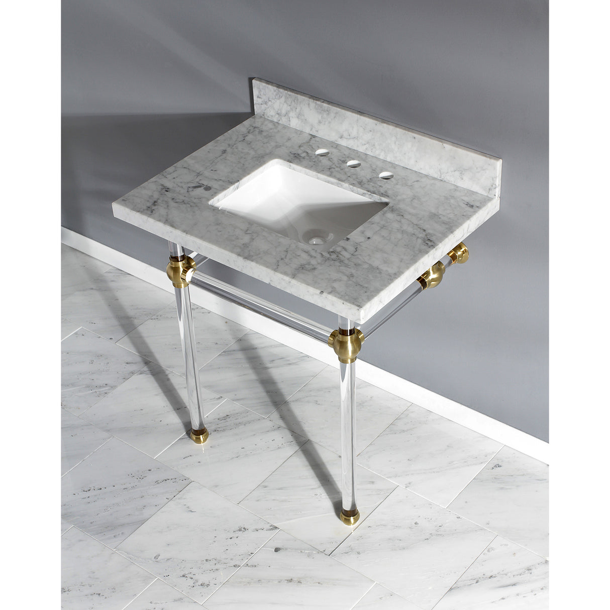 Templeton 30" x 22" Carrara Marble Vanity Top with Clear Acrylic Console Legs