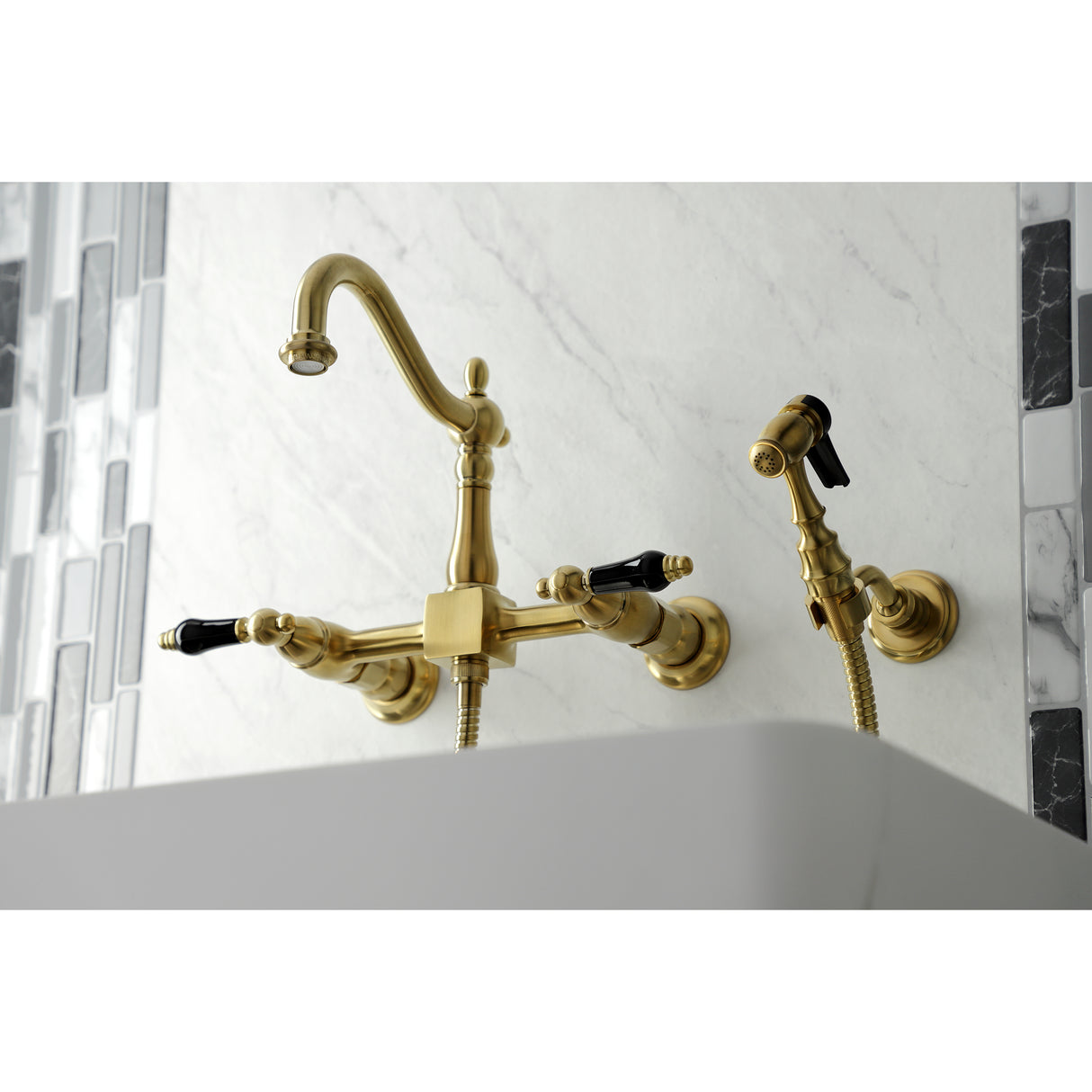 Duchess Wall Mount Traditional Bridge Kitchen Faucet with Brass Sprayer - BUILDMYPLACE