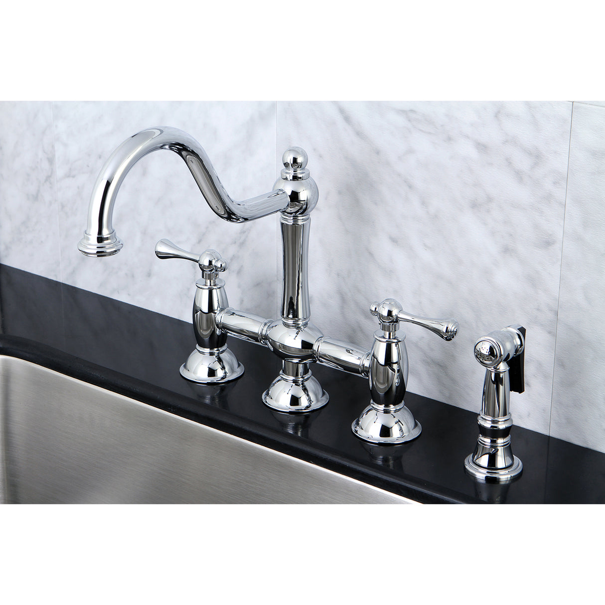 Restoration Bridge Kitchen Faucet With Brass Sprayer, Polished Chrome