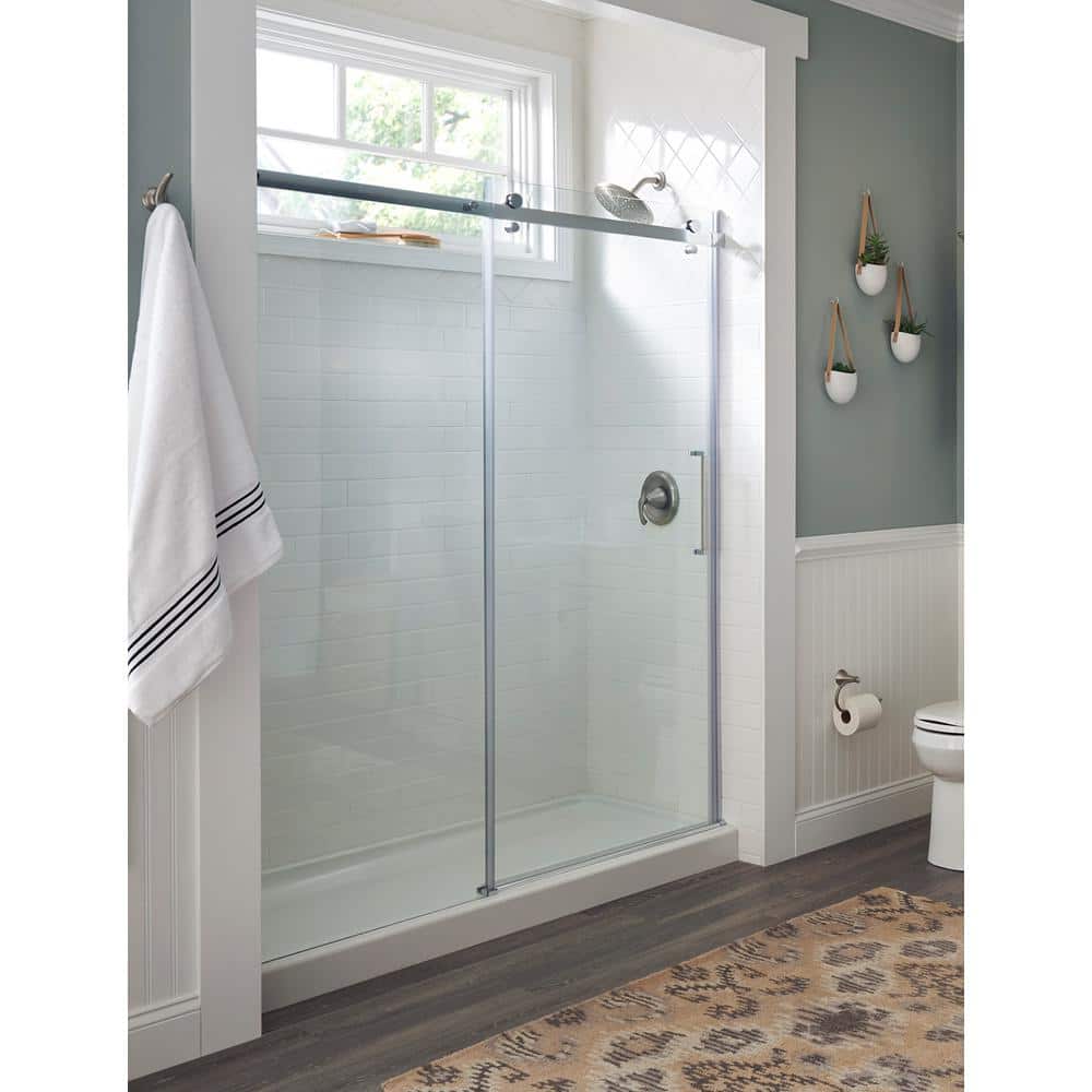 Semi - Frameless Sliding Shower Door With Clear Glass And Horizontal Handles - Lagoon