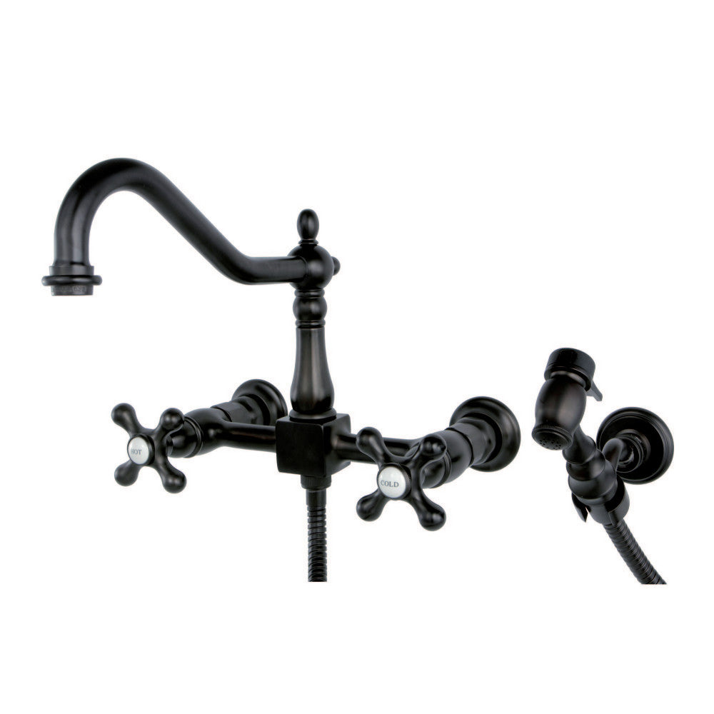 Heritage Two-Handle Wall Mount Bridge Kitchen Faucet With Brass Sprayer