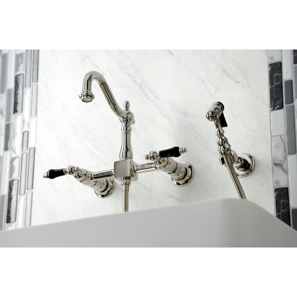 Duchess Wall Mount Traditional Bridge Kitchen Faucet with Brass Sprayer - BUILDMYPLACE