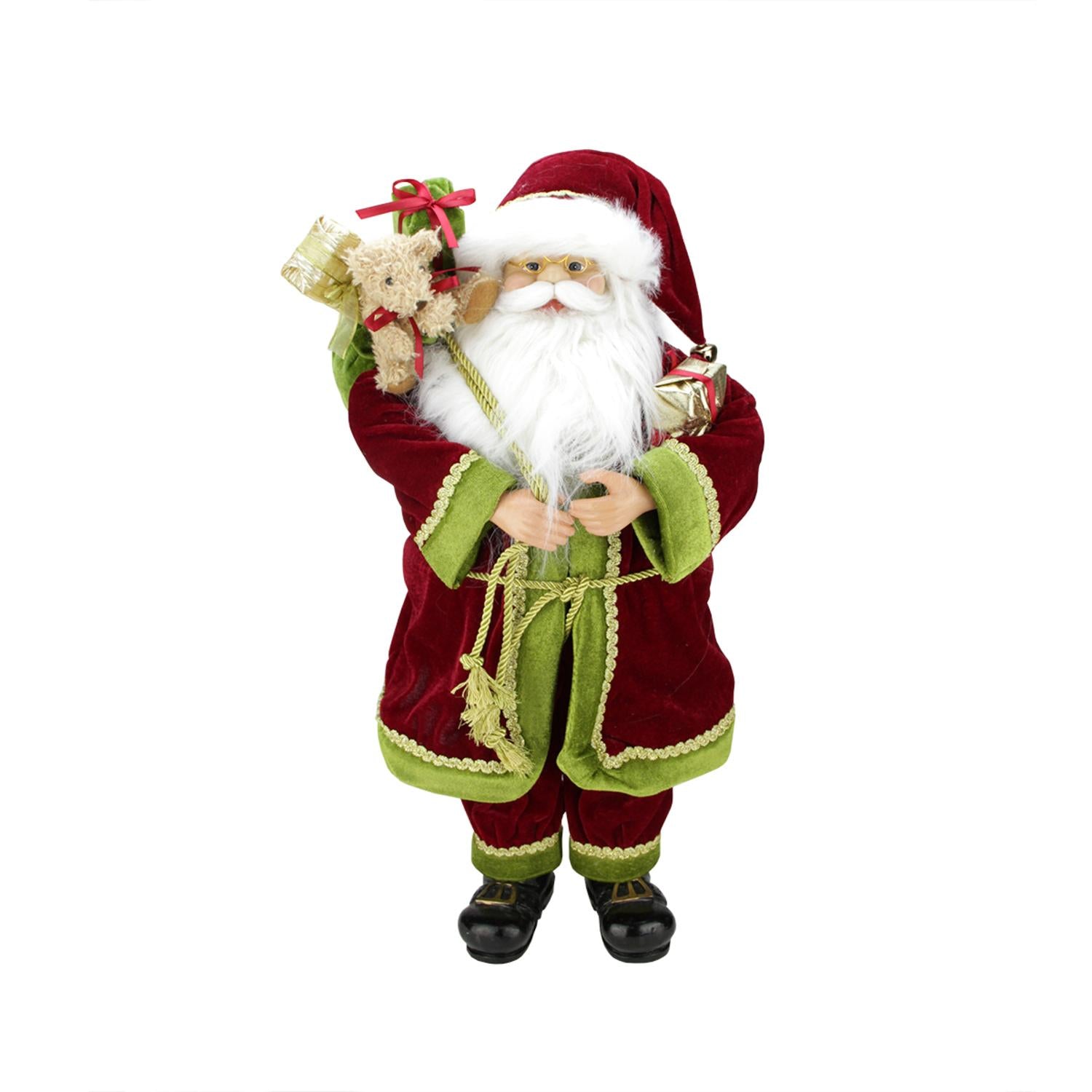 24 Inch Grand Imperial Red Green And Gold Standing Santa Claus Christmas Figure With Gift Bag