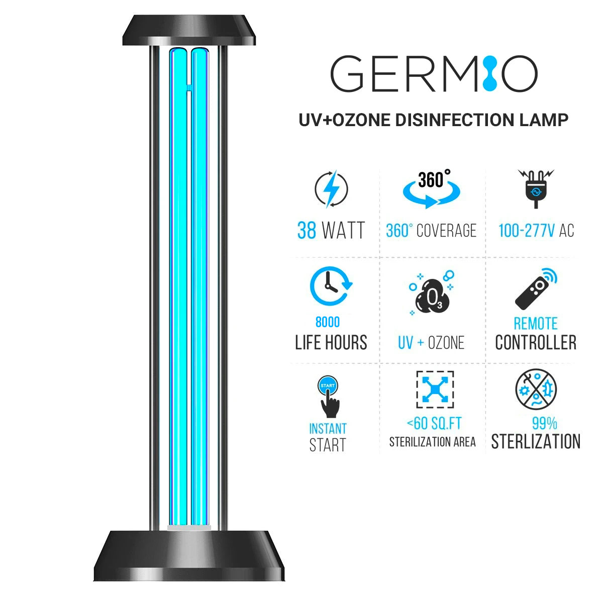 Ozone UV Germicidal Light with Silver Remote Controlled Base