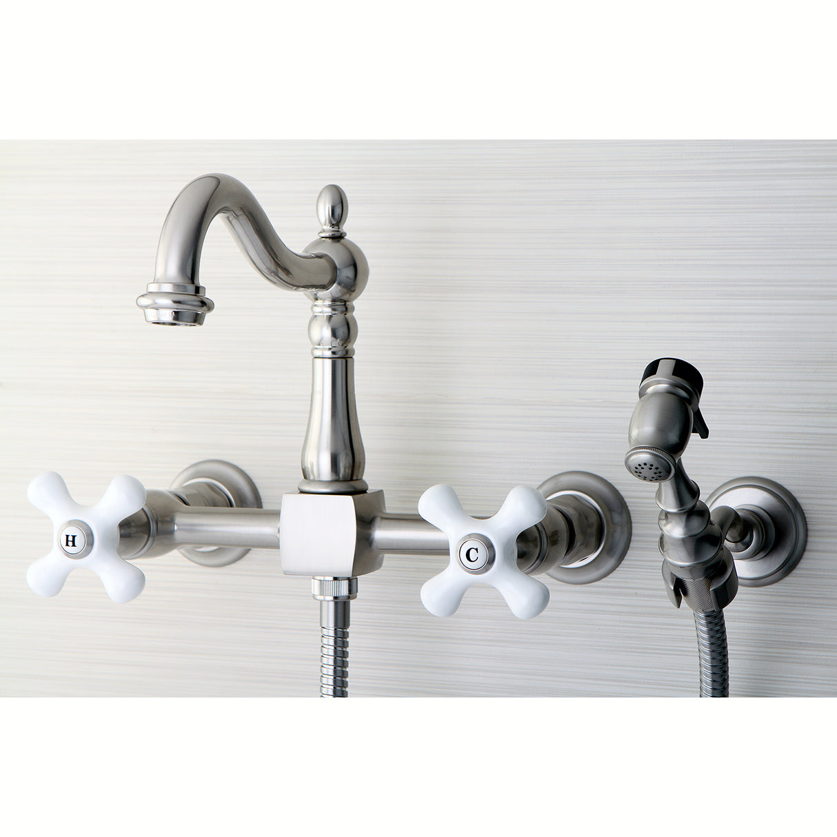 Heritage Wall Mount Bridge Kitchen Faucet W/ Brass Sprayer