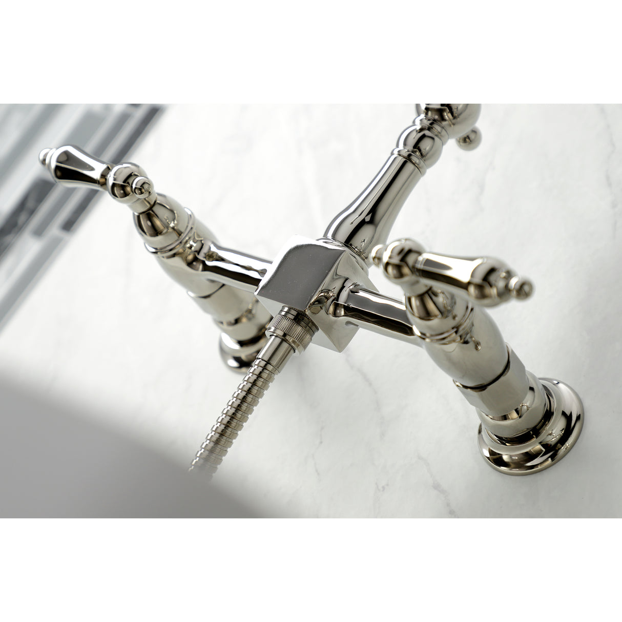 Heritage Traditional Wall Mount Bridge Kitchen Faucet with Brass Sprayer