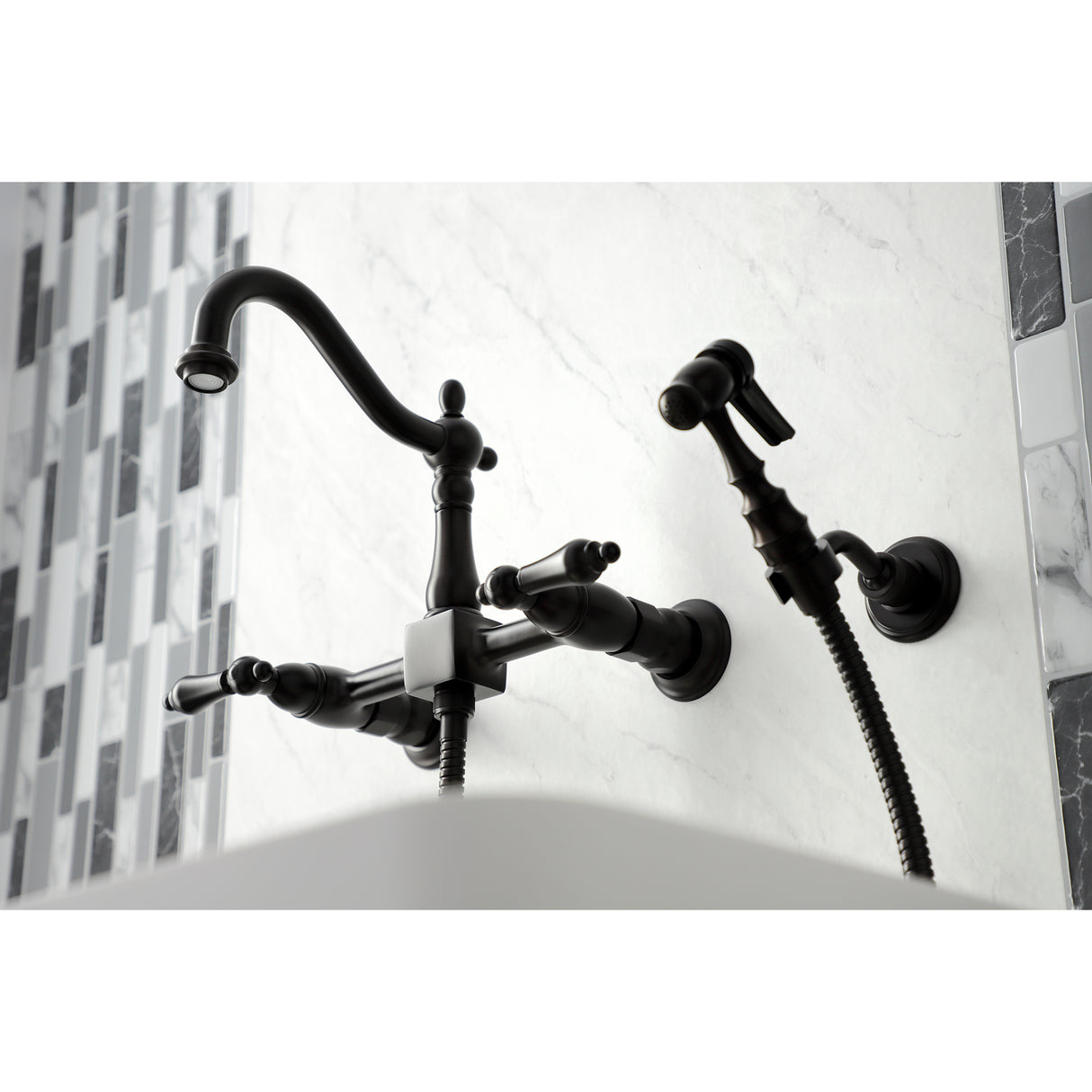 Heritage Traditional Wall Mount Bridge Kitchen Faucet with Brass Sprayer