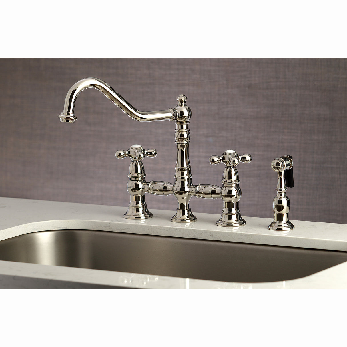 Restoration 8" Bridge Kitchen Faucet With Sprayer Includes Cross Handles For Easy Rotation