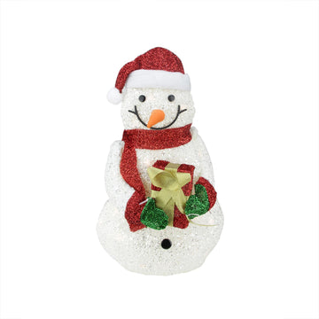 23" Lighted White Plush Glittered Snowman with Tinsel Gift Christmas Outdoor Decoration