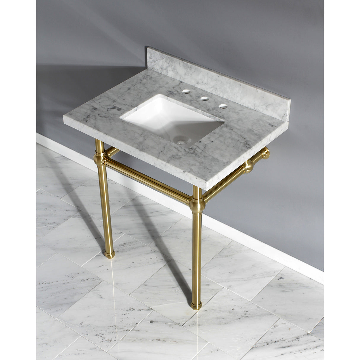 Templeton Vanity with Sink & Brass Feet Combo, 30" x 22", Carrara Marble