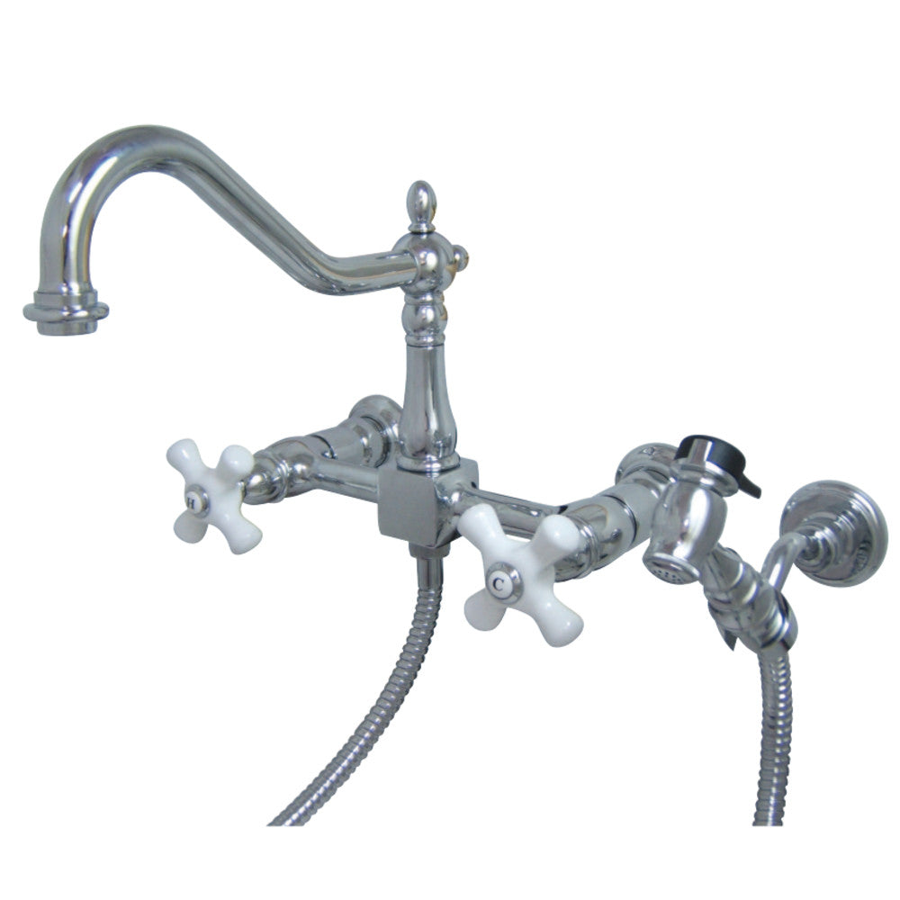 Heritage Double Handle Wall Mount Bridge Kitchen Faucet With Brass Sprayer In 8.2" Spout Reach