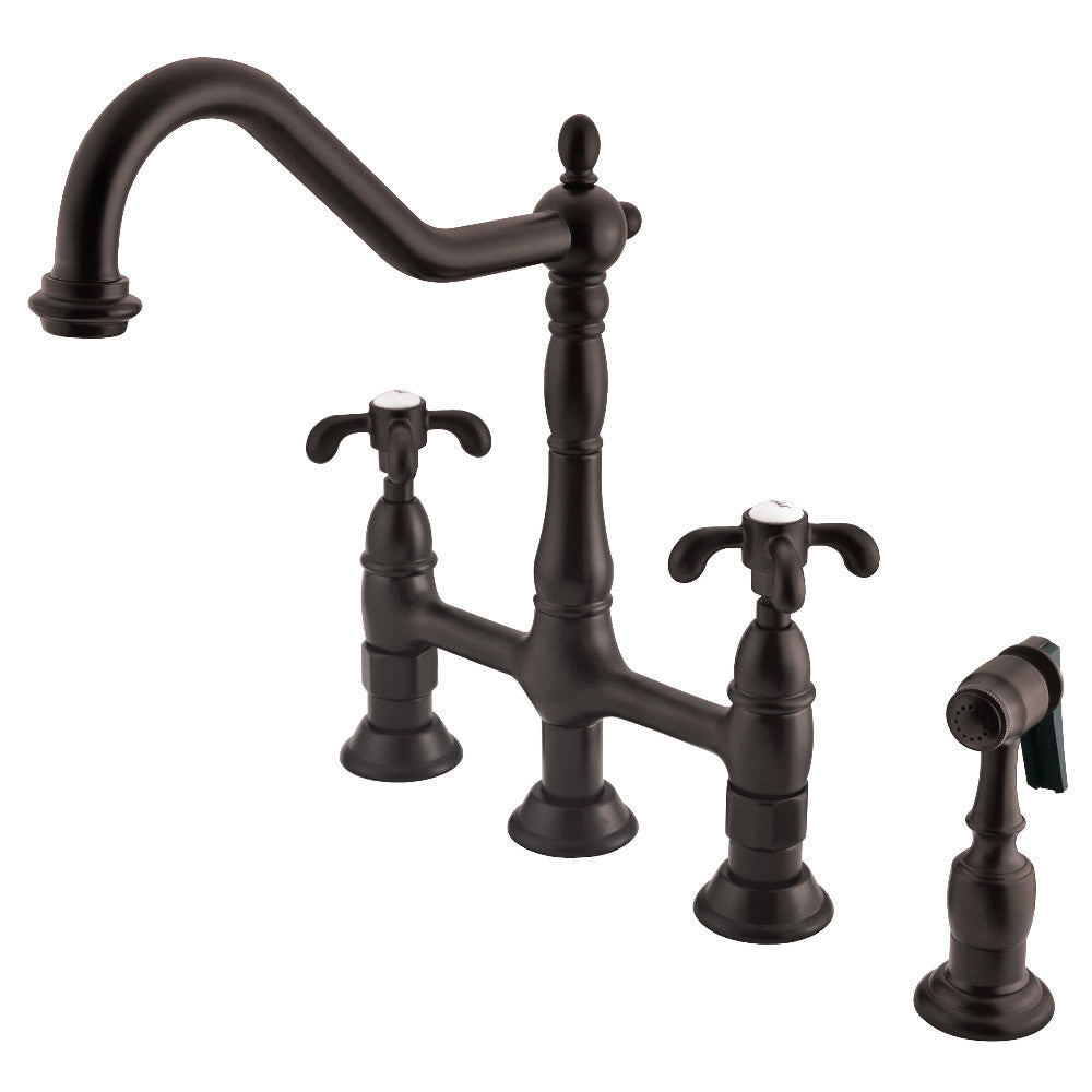 French Country Bridge Kitchen Faucet with Brass Sprayer