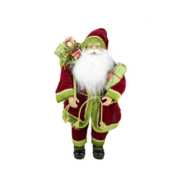24" Grand Imperial Red Green And Gold Standing Santa Claus Christmas Figure With Gift Bag