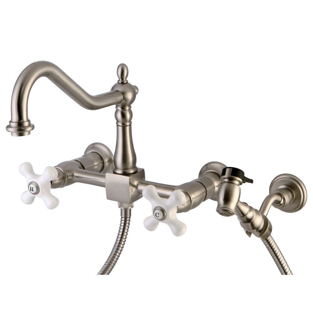 Heritage Double Handle Wall Mount Bridge Kitchen Faucet With Brass Sprayer In 8.2" Spout Reach