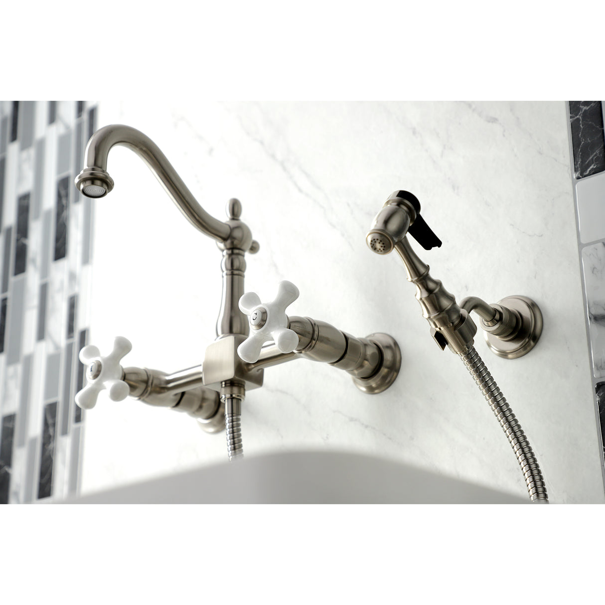 Heritage Wall Mount Bridge Kitchen Faucet W/ Brass Sprayer