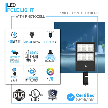 300 Watt LED Pole Light With Photocell, 5700K, Universal Mount,  AC100-277V, Black, 42000 Lumens, Dusk to Dawn Light - LED Parking Lot Lights