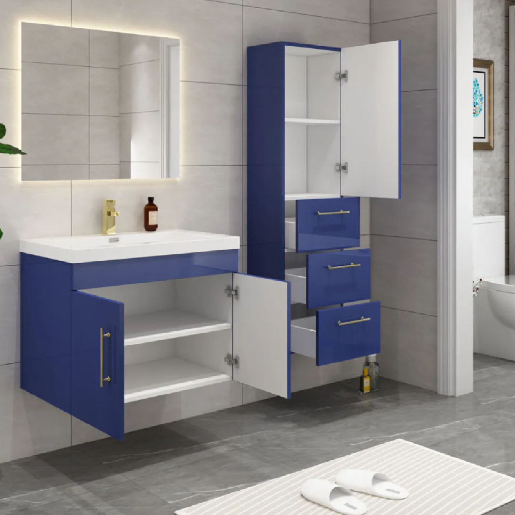 Glossy Bathroom Tallboy Storage Cabinet with Mirror in White