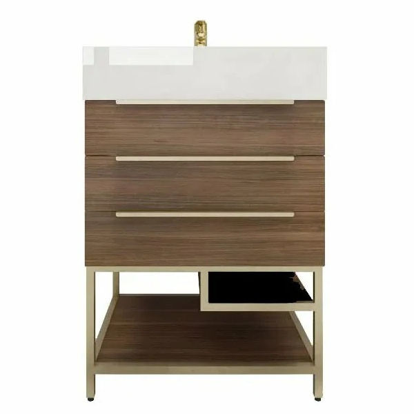 Blossom Freestanding Bathroom Vanity With Acrylic Sink, Drawers, Open Shelf Storage & Gold Hardware & Frame