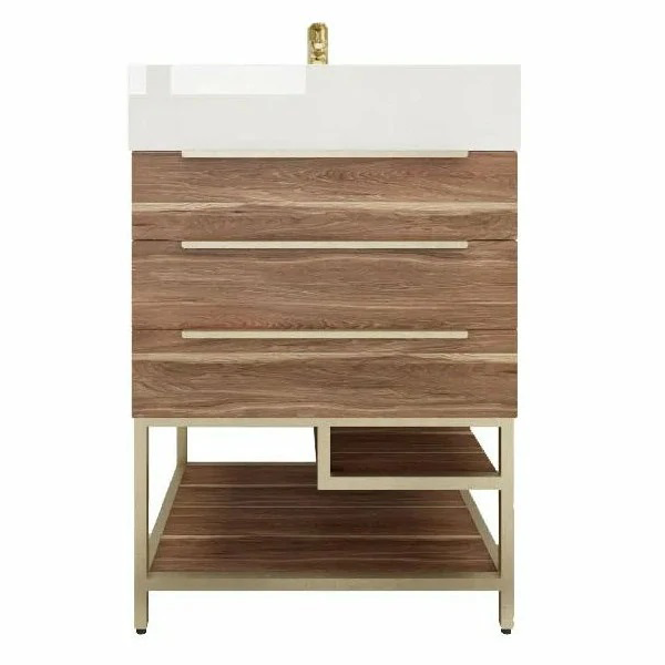 Blossom Freestanding Bathroom Vanity With Acrylic Sink, Drawers, Open Shelf Storage & Gold Hardware & Frame