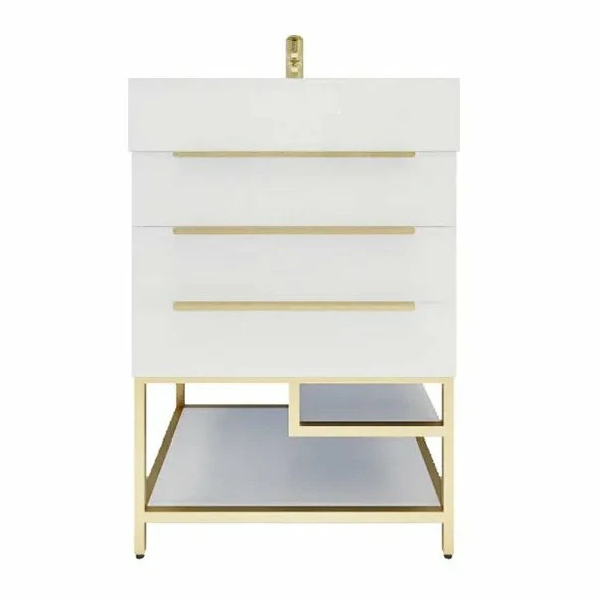 Blossom Freestanding Bathroom Vanity With Acrylic Sink, Drawers, Open Shelf Storage & Gold Hardware & Frame
