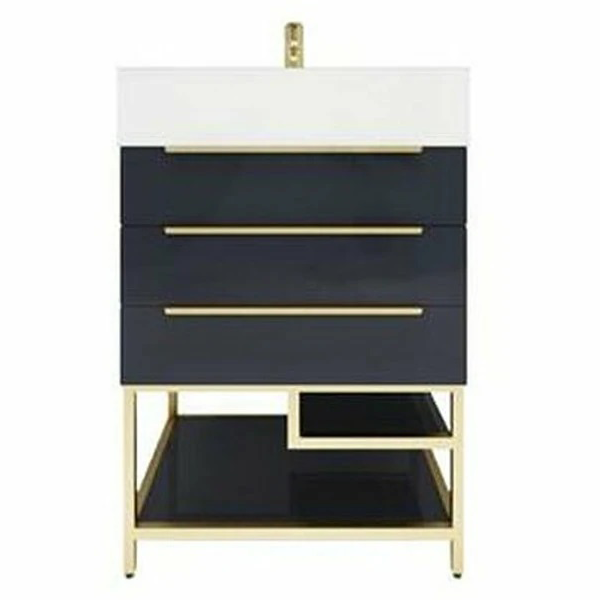 Blossom Freestanding Bathroom Vanity With Acrylic Sink, Drawers, Open Shelf Storage & Gold Hardware & Frame