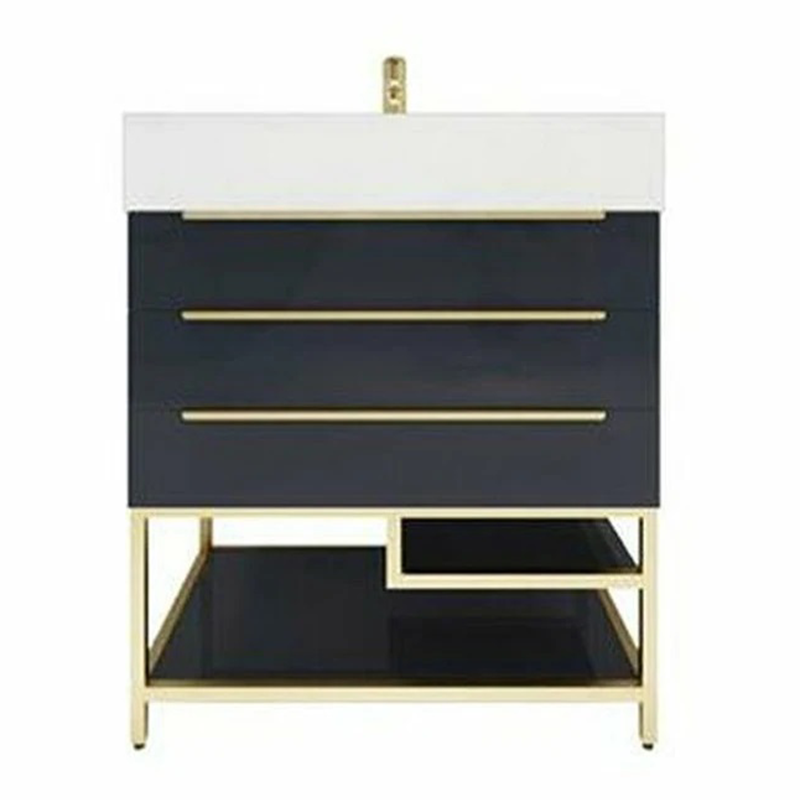 Blossom Freestanding Bathroom Vanity With Acrylic Sink, Drawers, Open Shelf Storage & Gold Hardware & Frame