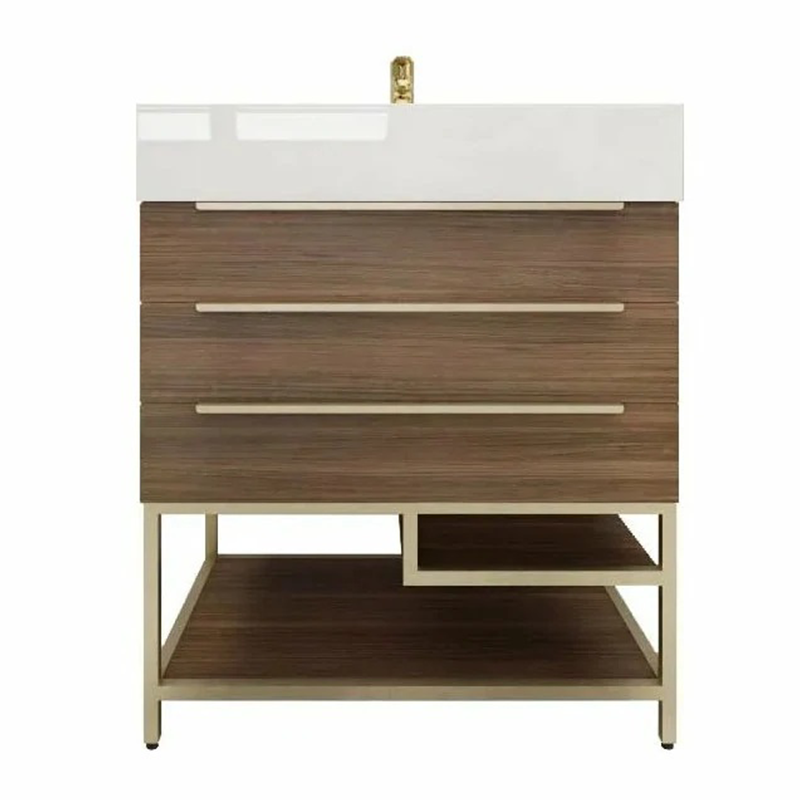 Blossom Freestanding Bathroom Vanity With Acrylic Sink, Drawers, Open Shelf Storage & Gold Hardware & Frame