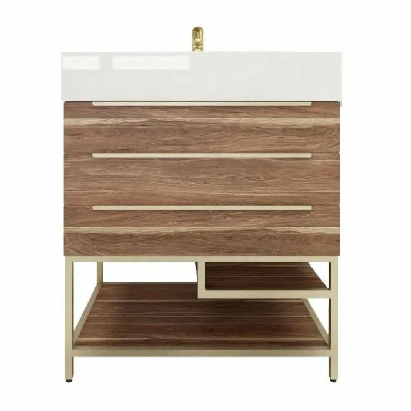 Blossom Freestanding Bathroom Vanity With Acrylic Sink, Drawers, Open Shelf Storage & Gold Hardware & Frame