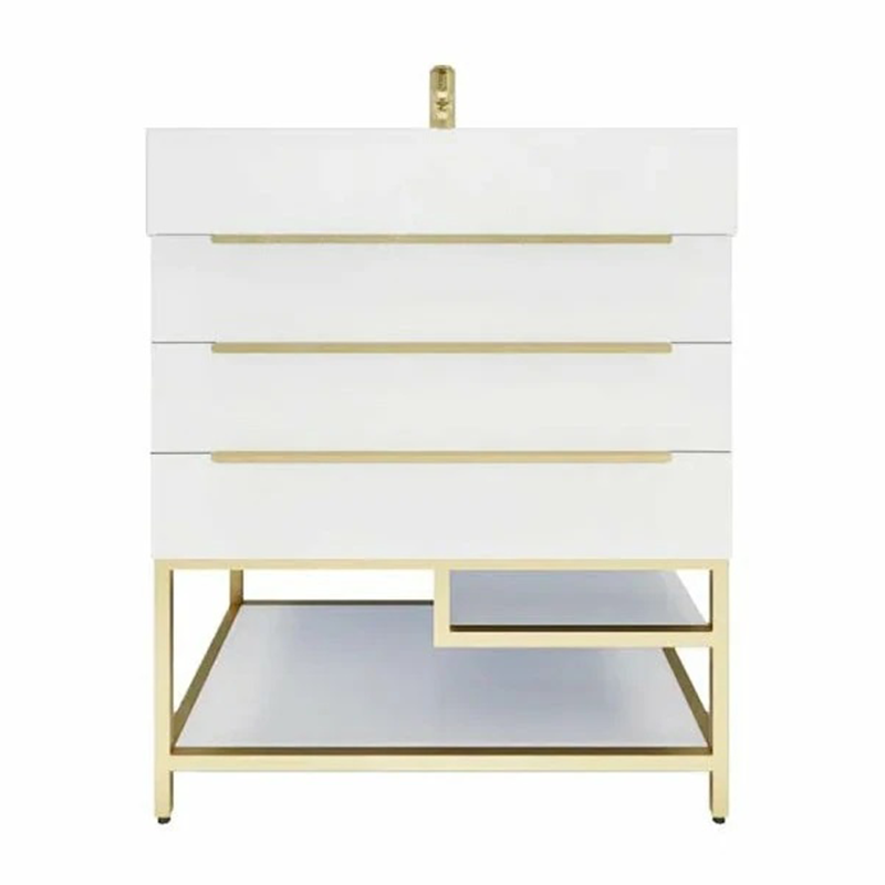 Blossom Freestanding Bathroom Vanity With Acrylic Sink, Drawers, Open Shelf Storage & Gold Hardware & Frame