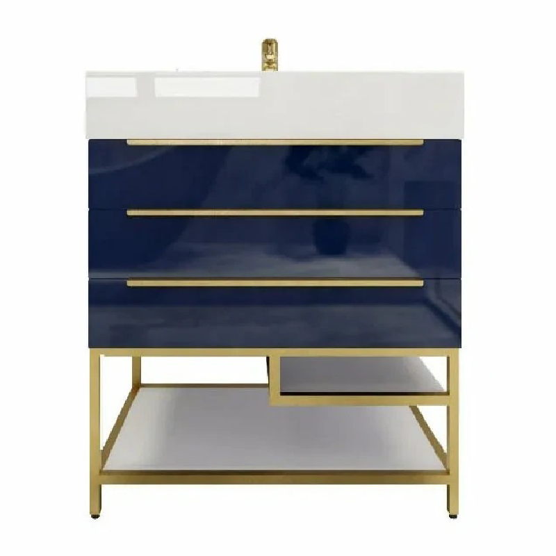 Blossom Freestanding Bathroom Vanity With Acrylic Sink, Drawers, Open Shelf Storage & Gold Hardware & Frame
